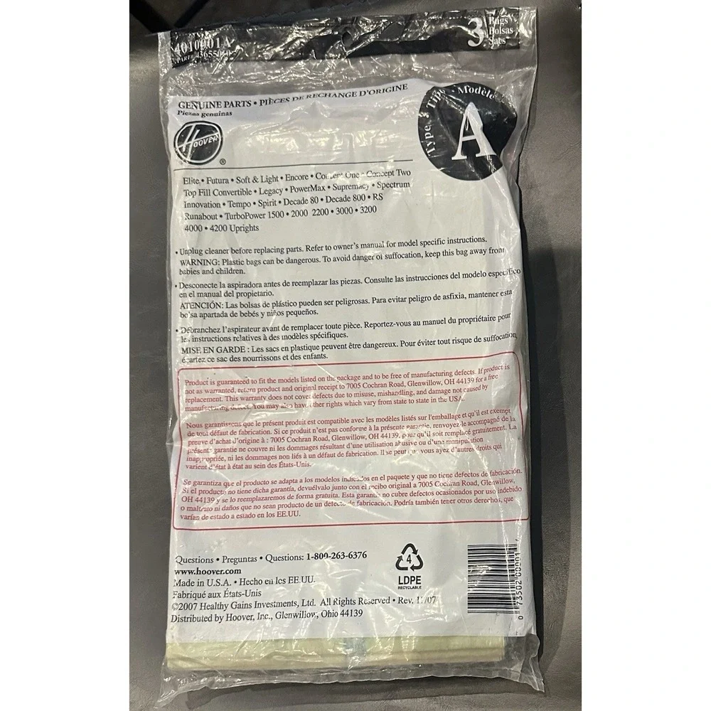 HOOVER 4010001A Type-A Vacuum Cleaner Bags, 3-Pack NEW‎